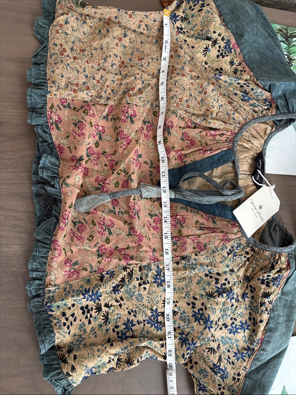 Patchwork Floral Tie-Front Crop Top in Cream, Blue and Pink - Picture 10 of 10